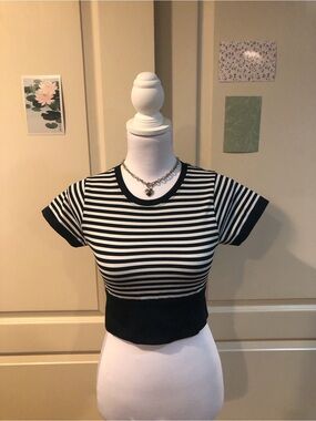aerie green and White Striped Cropped Tee